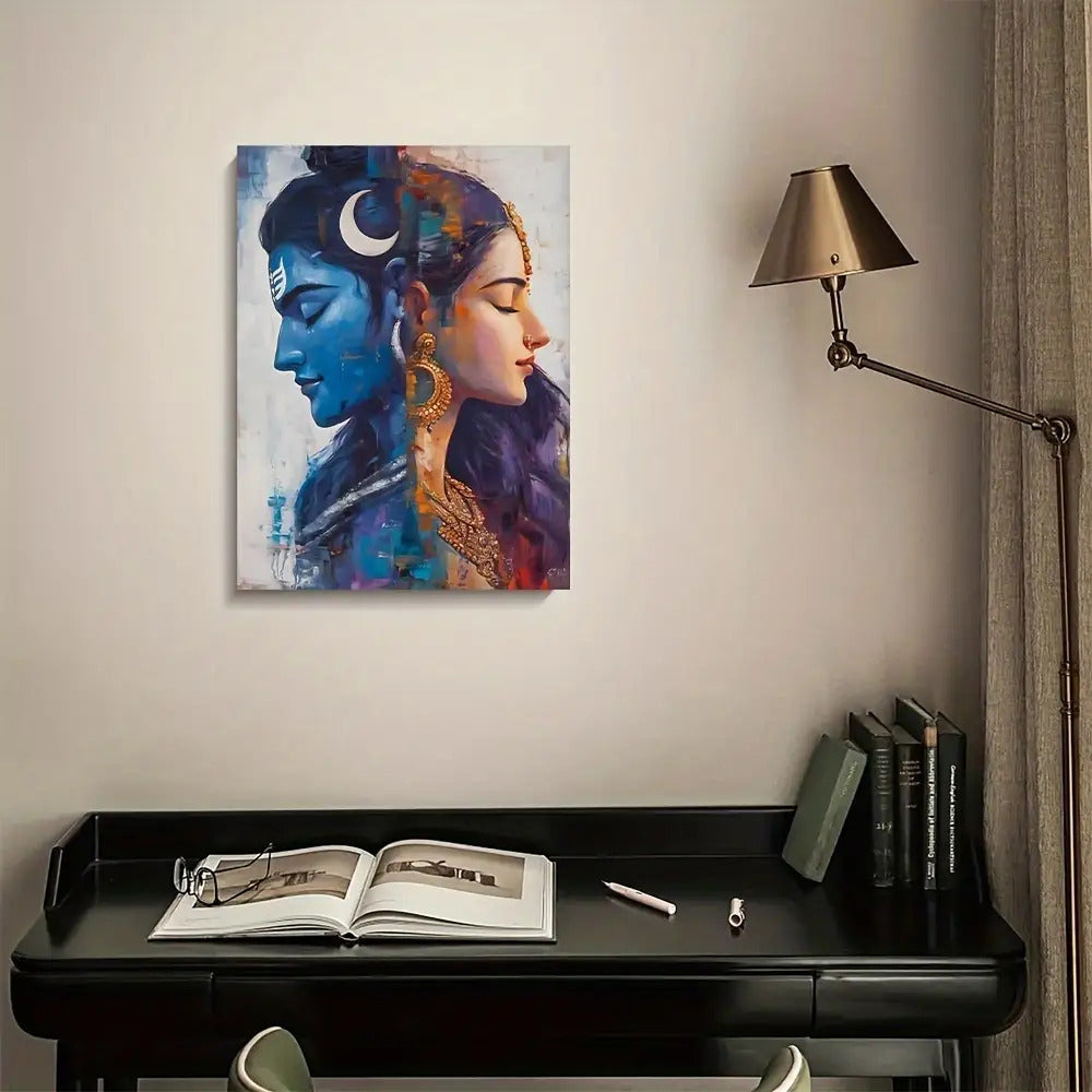 1pc Shiva & Shakti Hindu Gods Wall Art - 11.8x15.7 Inch (30x40cm) Indian Goddess Parvati & Shiva on Canvas with Wood Frame, Spiritual Diwali Decor, Ready-to-Hang Cultural for Living Room, Bedroom, Office - Hindu Deity, 2D Fla