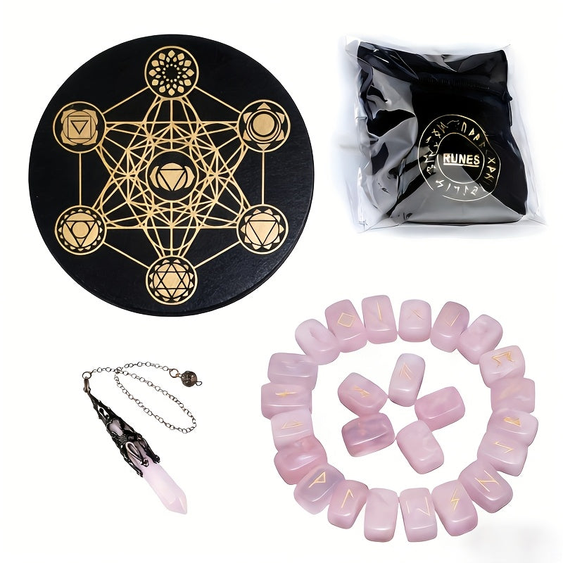 A Nordic Rune Set Featuring Crystal Rune Stones, Including 25 Rune Stones, a Pendant, And a Carved Wooden Board. Elegant And Exquisite
