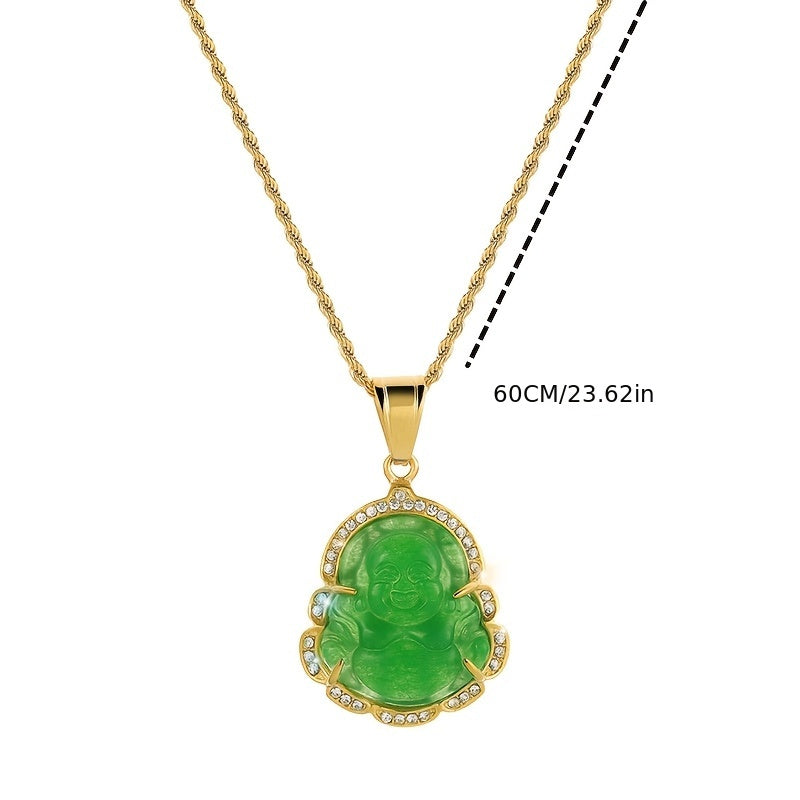 Vintage-Inspired Hip Hop Crystal Maitreya Buddha Pendant Necklace - Alloy, Natural Stone, Perfect for Casual Attire
