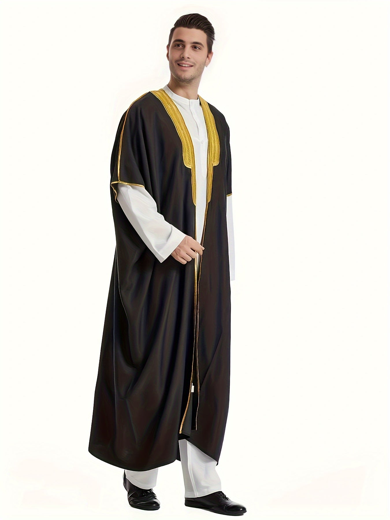 Men's Muslim Ethnic Style Golden Stripe Pattern Long Sleeve Scholar Robe With Open Placket, Suitable For Height Between 168 To 72.83 Inch, Chic And Stylish For Formal Occasions