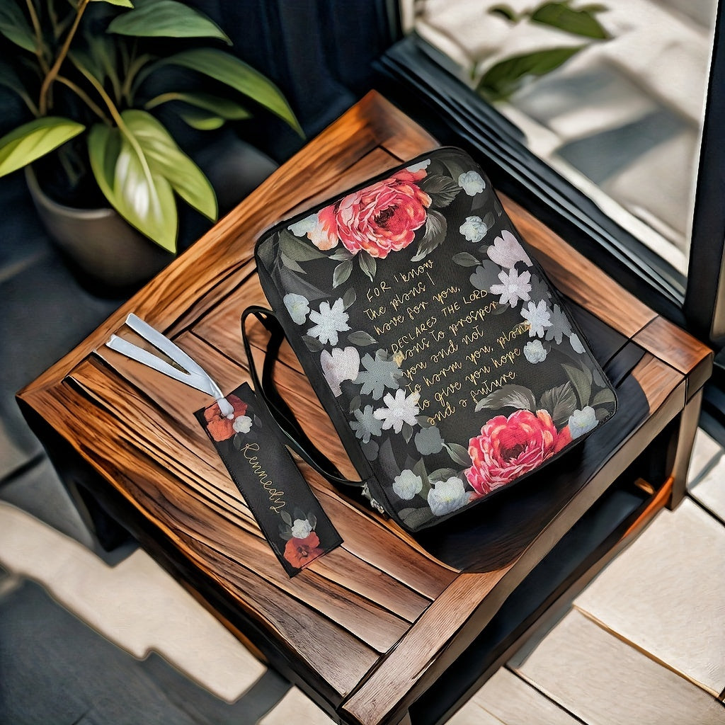 Floral Polyester Bible Cover with Handle, Carrying Organizer Bag, Christian Study Bible Case with Pockets and Bookmark - Protective Scripture Tote for Girls and Women