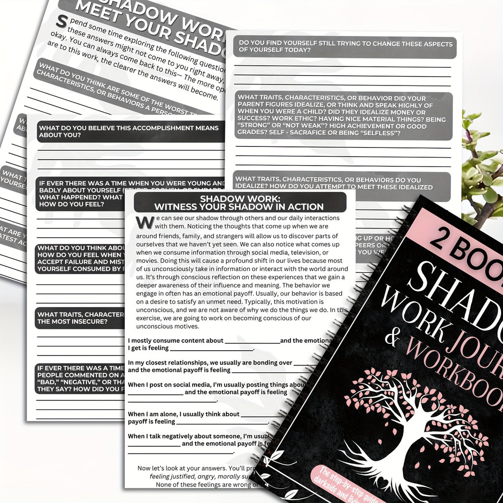 2 Books in 1: Shadow Work Journal & Guide for Beginners - Spiral Bound Undated Psychological Shadow Work Notebook with Dark Tree & Pink Blossoms Design, Self-Help Exercises to Integrate & Transcend Shadows, Daily Reflections