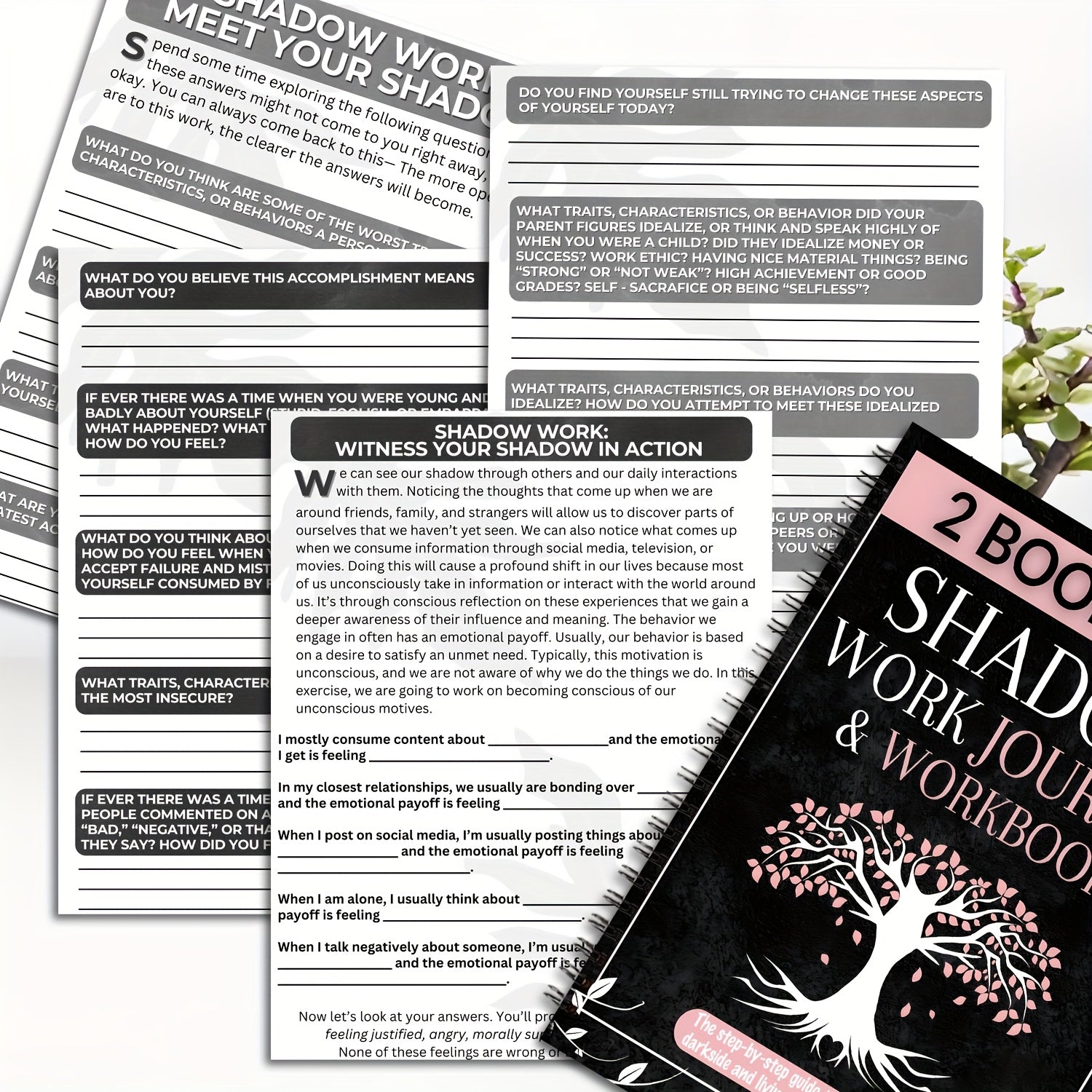 2 Books in 1: Shadow Work Journal & Guide for Beginners - Spiral Bound Undated Psychological Shadow Work Notebook with Dark Tree & Pink Blossoms Design, Self-Help Exercises to Integrate & Transcend Shadows, Daily Reflections