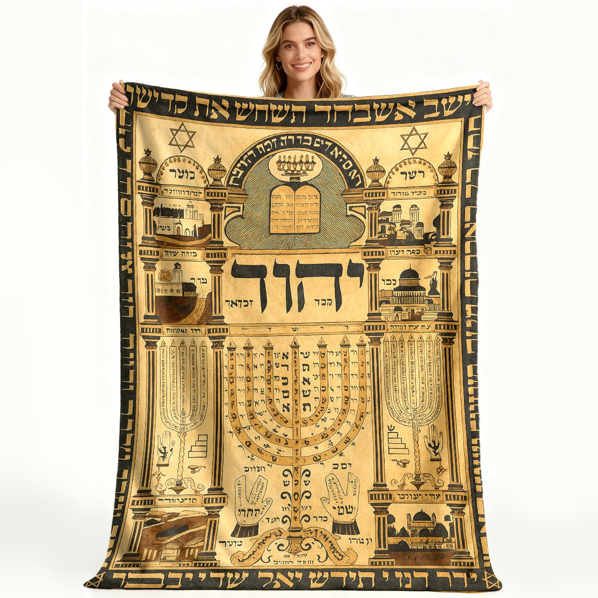 Vintage Mid-Century Modern Hebrew Design Flannel Throw Blanket - Soft Ultrasound-Pressed Star of David & Menorah Bedspread Suitable for Bed, Sofa, Office & Travel - All-Season Cozy Jewish Cultural Blanket