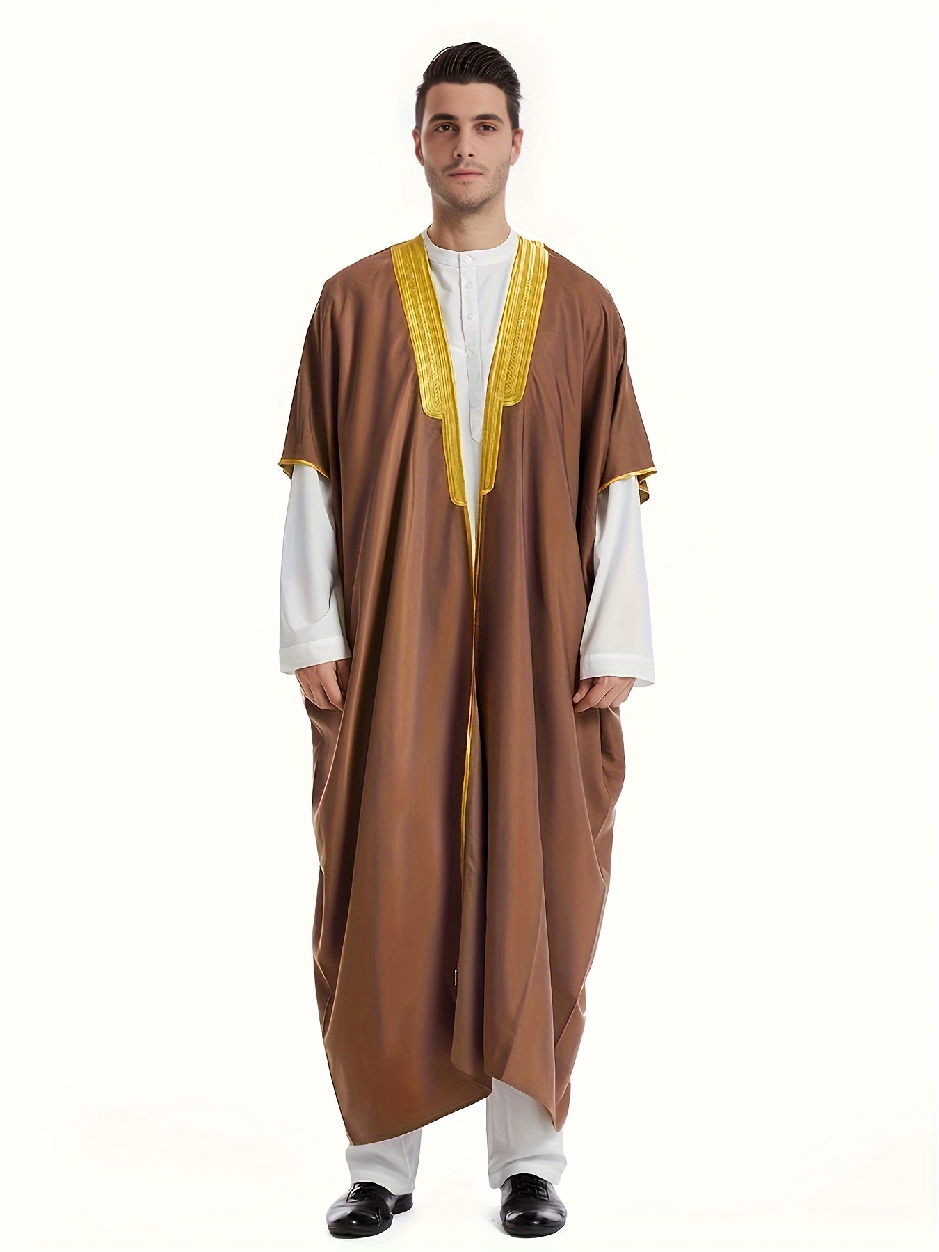 Men's Muslim Ethnic Style Golden Stripe Pattern Long Sleeve Scholar Robe With Open Placket, Suitable For Height Between 168 To 72.83 Inch, Chic And Stylish For Formal Occasions