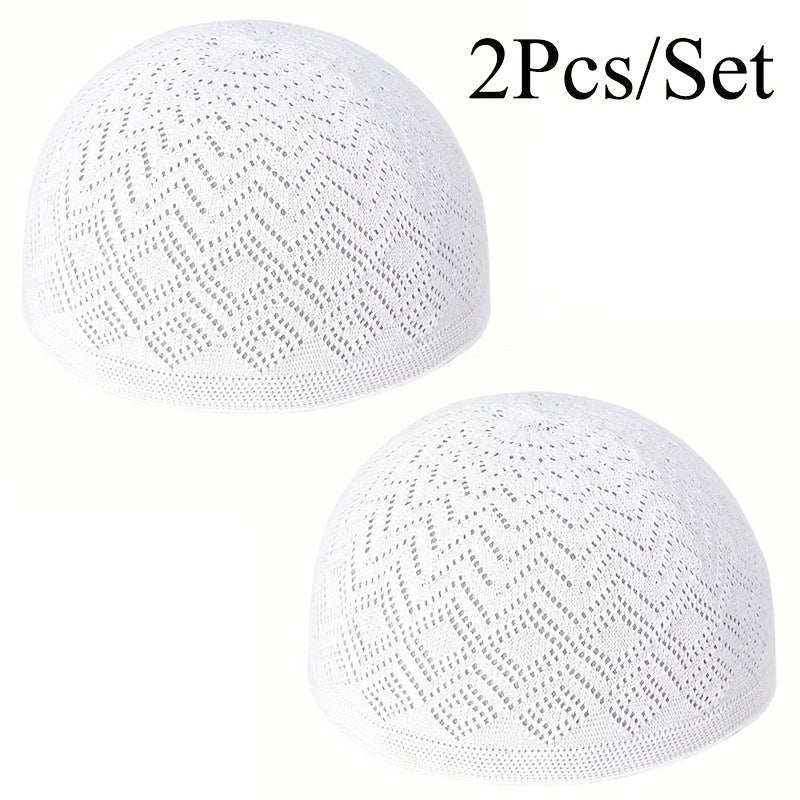 2pcs/Set Men'S Muslim Kufi Cap, Breathable Knitted Polyester Prayer Hat, Lightweight Middle Eastern Arab Traditional Headwear, Adjustable Toggle Closure, Machine Washable, Ramadan Celebration