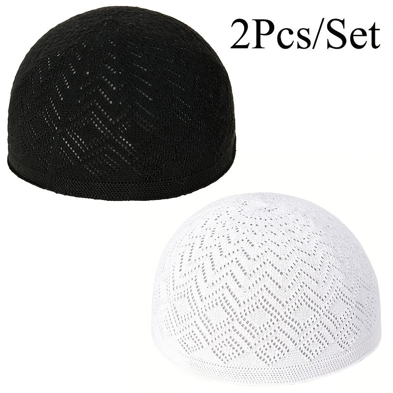 2pcs/Set Men'S Muslim Kufi Cap, Breathable Knitted Polyester Prayer Hat, Lightweight Middle Eastern Arab Traditional Headwear, Adjustable Toggle Closure, Machine Washable, Ramadan Celebration