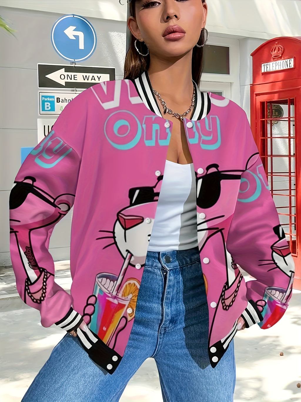 Women'S & Men'S Oversized Pink Panther Print Baseball Jacket - Bold Cartoon Graphic College Style Coat with Pockets, Warm Fall Winter Casual Outerwear for Halloween Parties & Daily Wear, Unisex Outerwear for Themed Ev