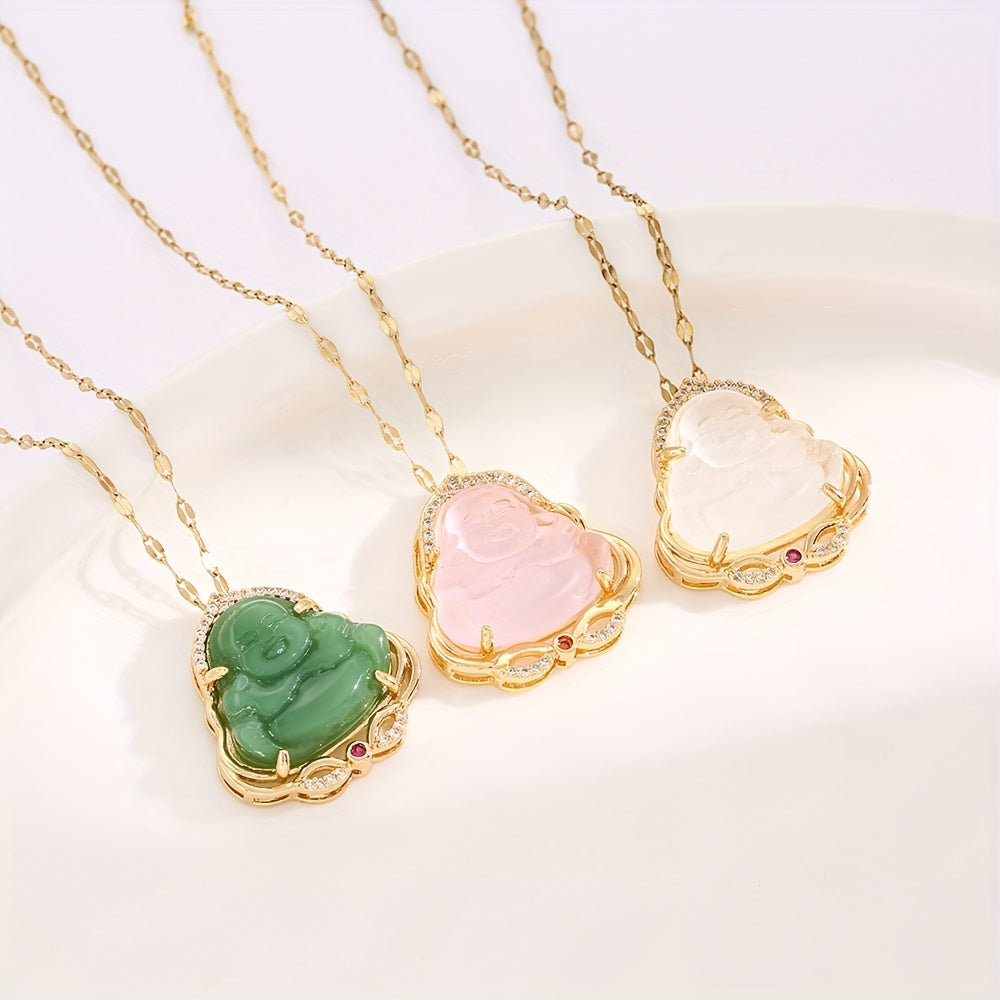 1pc Vintage Chinese Style Titanium Steel Buddha Pendant Necklace with Synthetic Imitation Jade, Lucky Charm Jewelry for Daily Wear & Gift-Giving, Valentine's Day Suitable, Buddha Necklaces