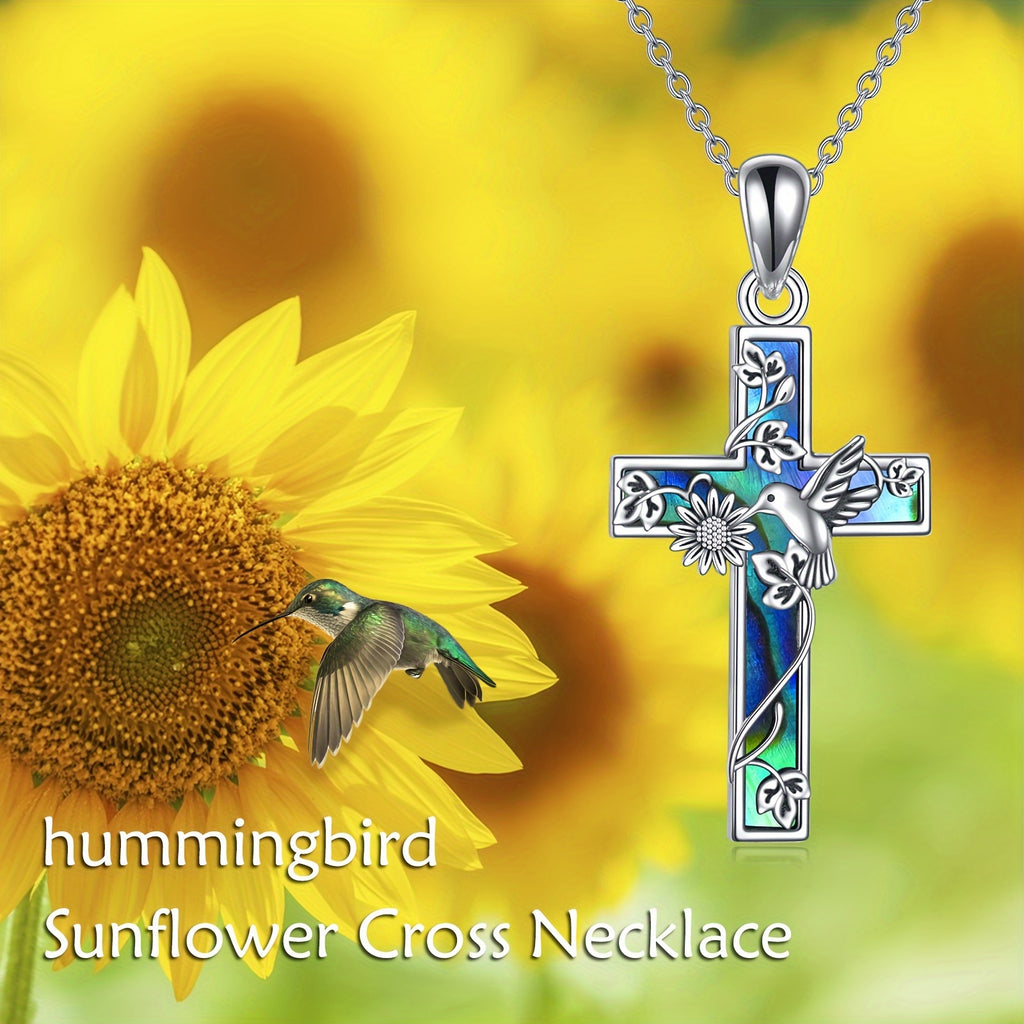 YFN Sunflower Cross Necklace Sterling Silver Hummingbird Cross Pendant Abalone Shell Jewelry Religious Christian Baptism Gifts for Her Women