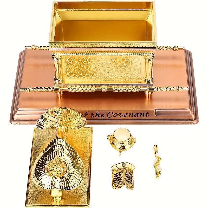4-Piece Traditional Metal Ark of the Covenant Set - Home Decor Replicas, Jewish Religious Statues, Golden Jars, Aaron's Rod, Mana Pot, Rattan Staff - Suitable for Easter, Halloween, Hanukkah, Independence Day, Universal Holid