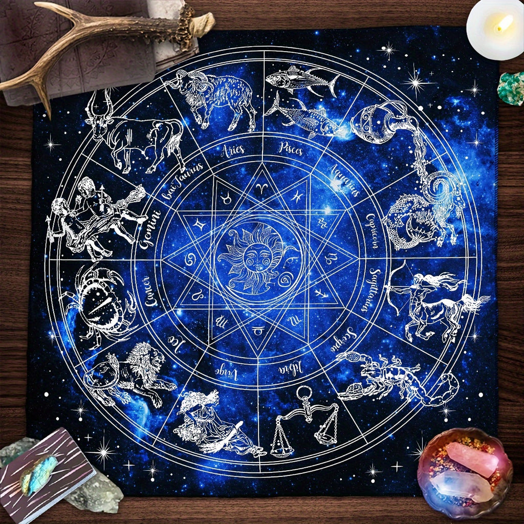 Astrology Themed Polyester Tarot Card Tablecloth, 12 Constellations Starry Sky Design, Witchcraft Oracle Cards Pad for Reading, Room Decor, Fits Various Holidays & Occasions, Non-Electric, Featherless