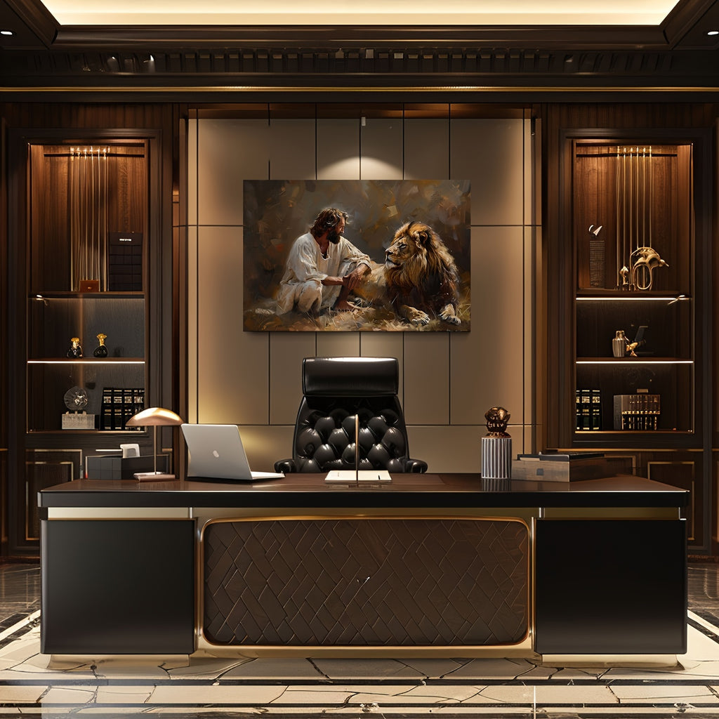 1pc Framed Lion and Jesus Canvas Wall Decor Striking Lion of Judah Poster with Savior Inspirational Christian Art for Office Church and Home Ready to Hang