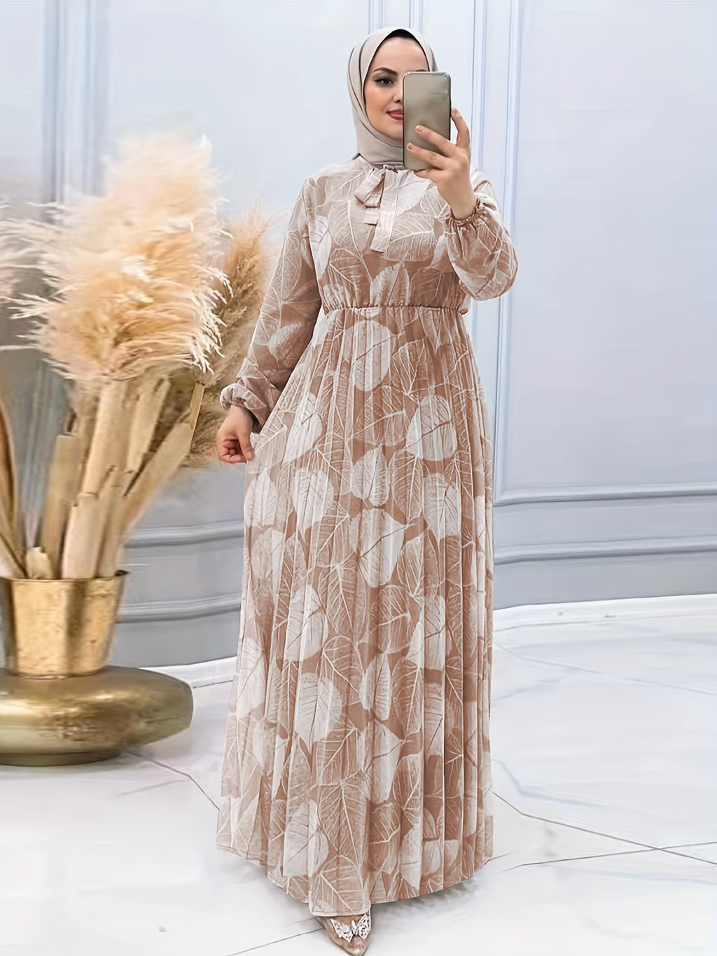 Women's Middle Eastern Muslim Print Pleated Waist Dress (Headscarf Not Included)