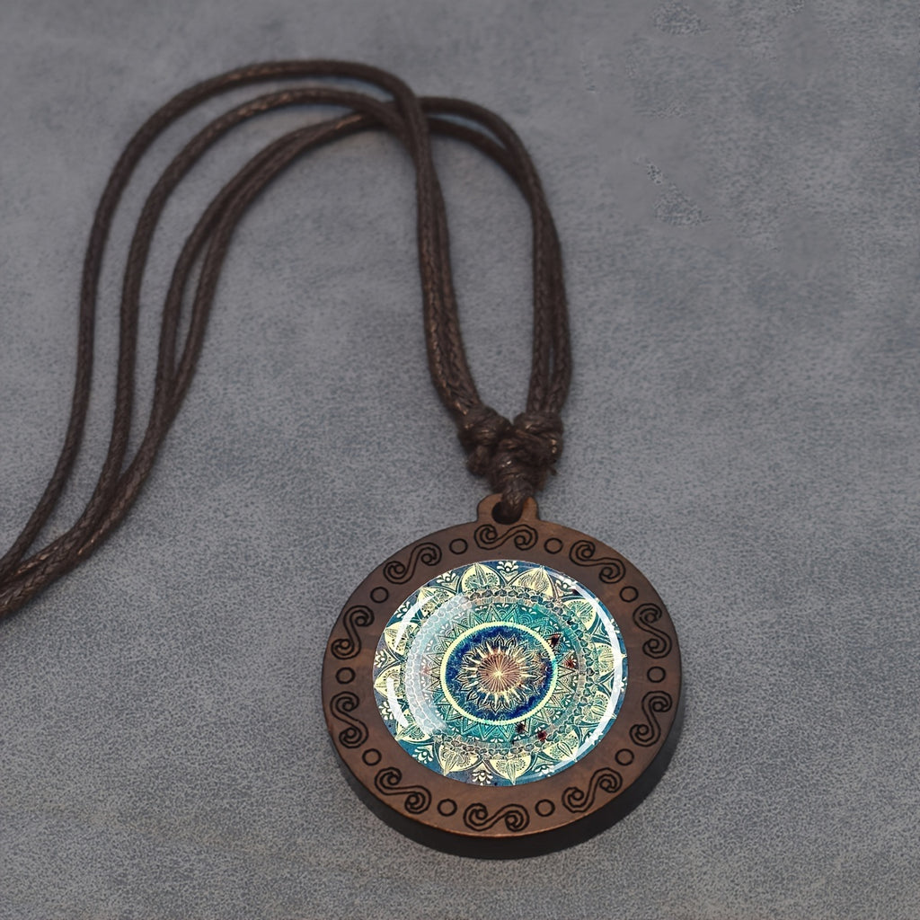 1pc Mandala Sacred Geometry Glass & Wood Pendant Necklace - Adjustable Rope Chain, Natural Wood & Glass Meditation Jewelry for Men, Gift, Spiritual Enlightenment Symbolism, Buddhist Jewelry, Artistic Design, Unique Craftsmans