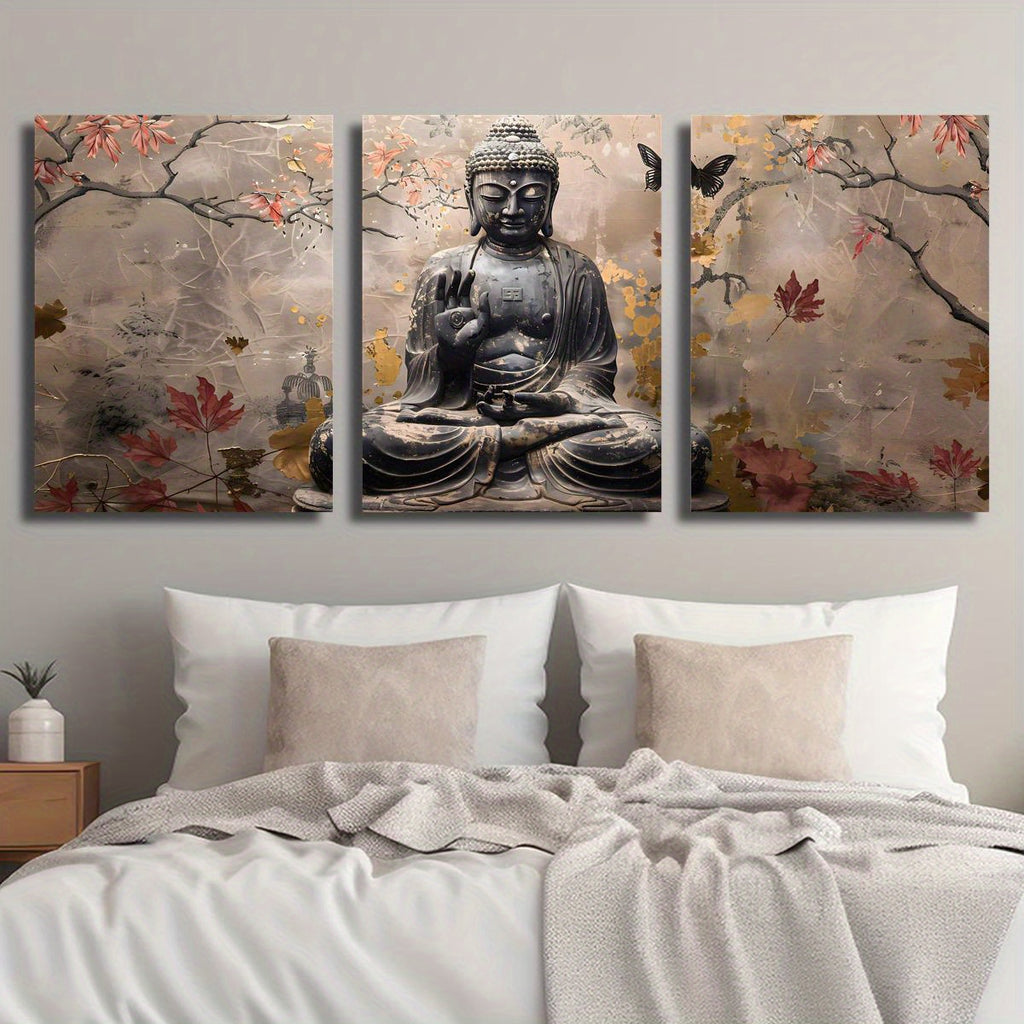 2D Flat, 3pcs wood framed canvas print art, 2D Flat, Painting of Buddha statue in autumn tranquility, sepia and Golden art, religious poster, Suitable for home wall decoration, 2D Flat, Perfect for Room Decor