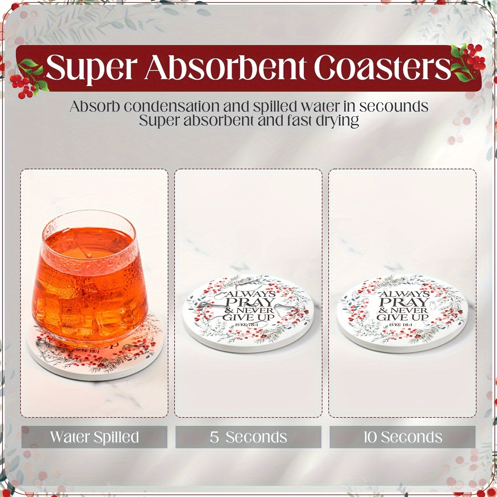 Set of 24 Christian Coasters Bulk Gift Religious Bible Verse Ceramic Coaster for Women Cork Backing Absorbent Coaster with Holder for Men Church Welcome Favor Kitchen Supplies (Berry Style)
