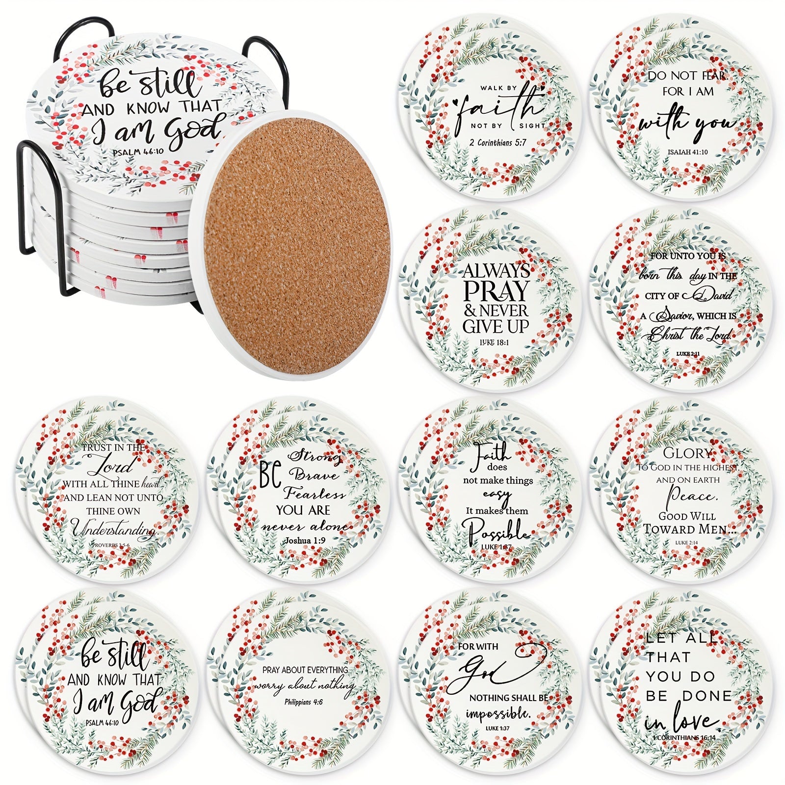 Set of 24 Christian Coasters Bulk Gift Religious Bible Verse Ceramic Coaster for Women Cork Backing Absorbent Coaster with Holder for Men Church Welcome Favor Kitchen Supplies (Berry Style)