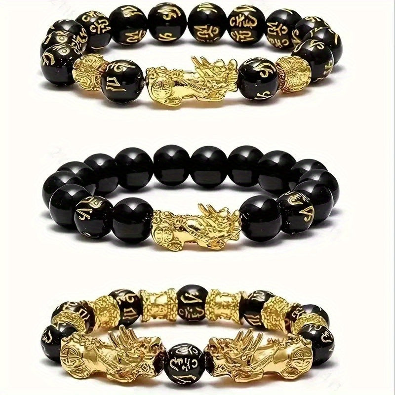 3pcs Feng Shui Lucky Bracelet Suitable for Men and Women Natural Stone Double Pixiu Design Bracelet for Wealth Attraction Obsidian Buddha Bead Six Character Mantra for Wealth Attraction Bracelet