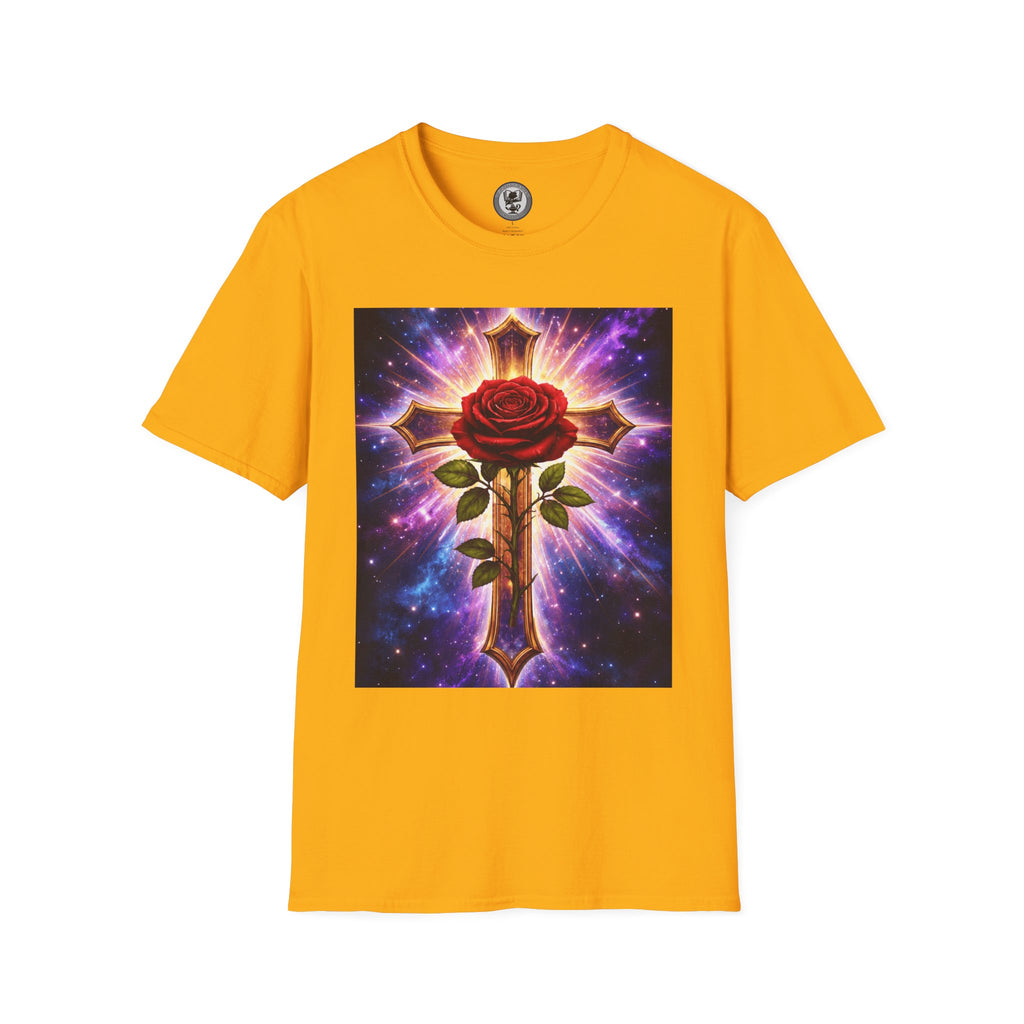 Cosmic Rose Cross T-Shirt — Rosicrucian Spiritual Floral Cross Graphic Tee