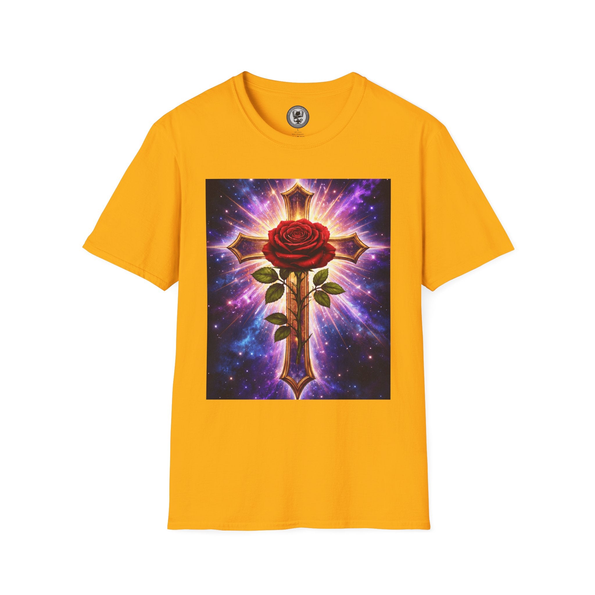 Cosmic Rose Cross T-Shirt — Rosicrucian Spiritual Floral Cross Graphic Tee
