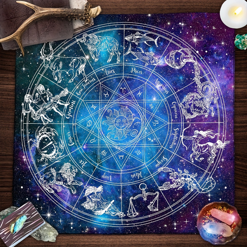 Astrology Themed Polyester Tarot Card Tablecloth, 12 Constellations Starry Sky Design, Witchcraft Oracle Cards Pad for Reading, Room Decor, Fits Various Holidays & Occasions, Non-Electric, Featherless