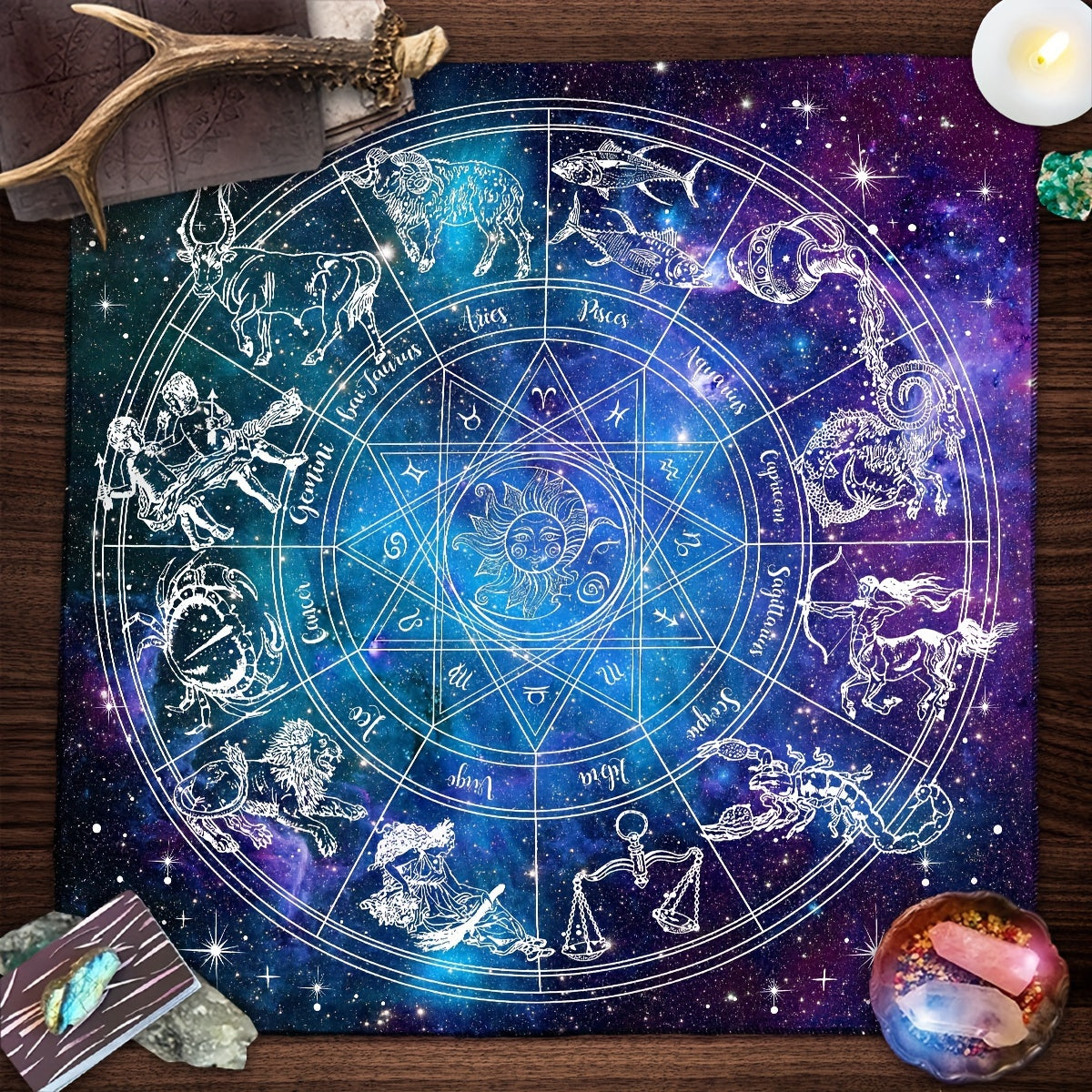 Astrology Themed Polyester Tarot Card Tablecloth, 12 Constellations Starry Sky Design, Witchcraft Oracle Cards Pad for Reading, Room Decor, Fits Various Holidays & Occasions, Non-Electric, Featherless