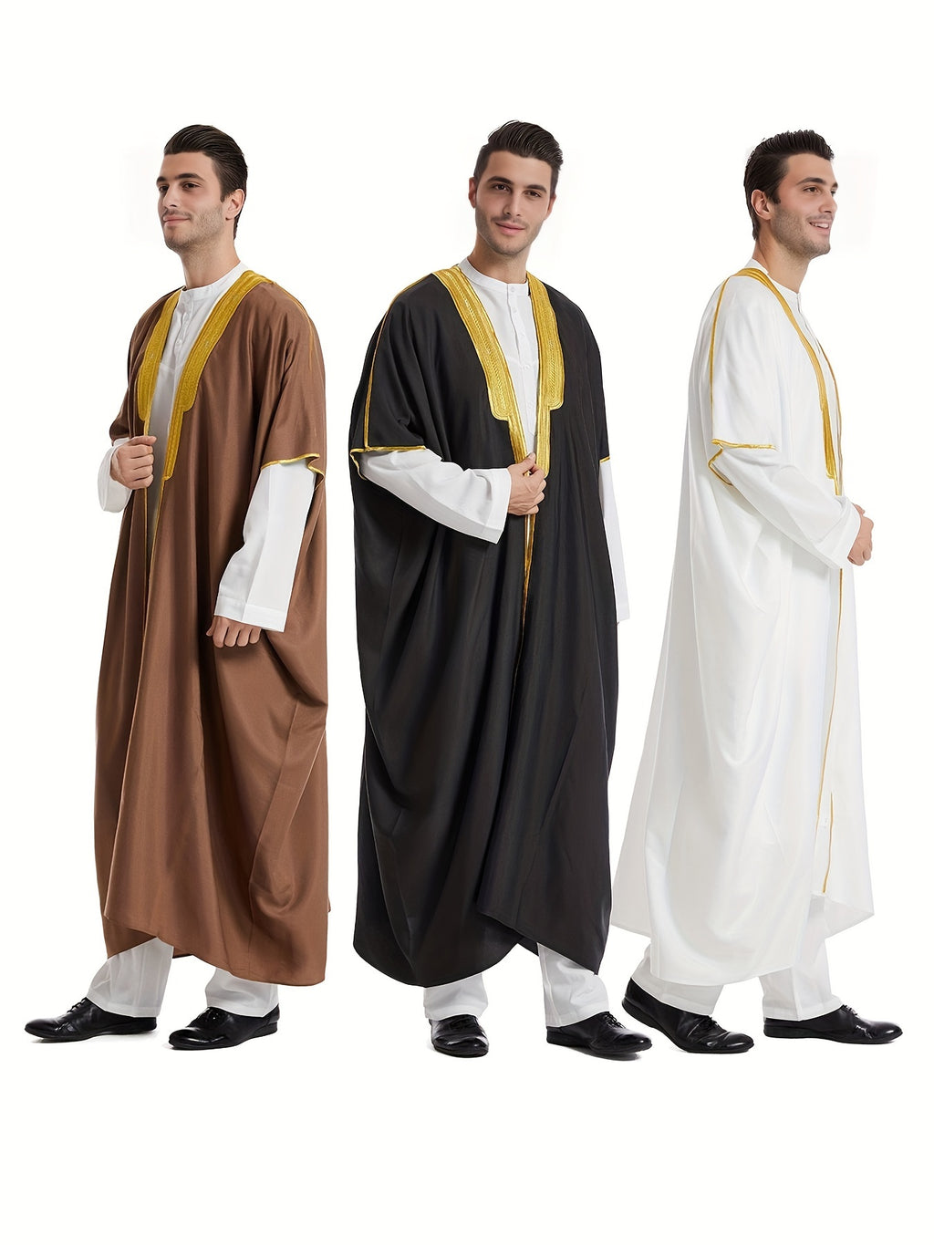 Men's Muslim Ethnic Style Golden Stripe Pattern Long Sleeve Scholar Robe With Open Placket, Suitable For Height Between 168 To 72.83 Inch, Chic And Stylish For Formal Occasions