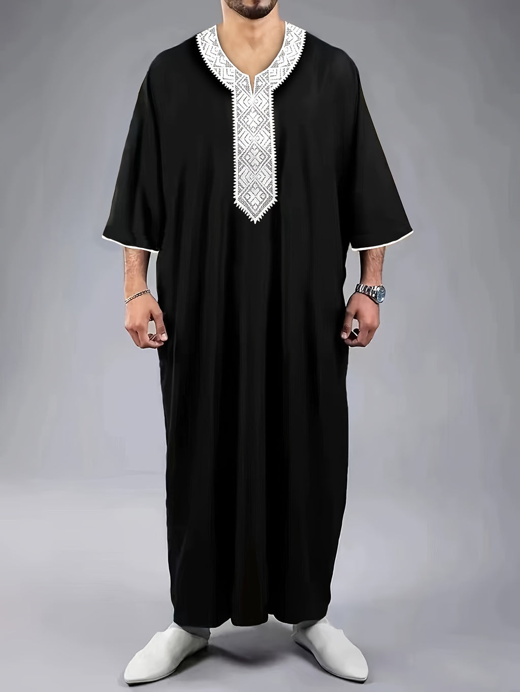 New Style Muslim Robe, Loose Casual V-Neck Mid-Sleeve Jumpsuit for Arab Culture.