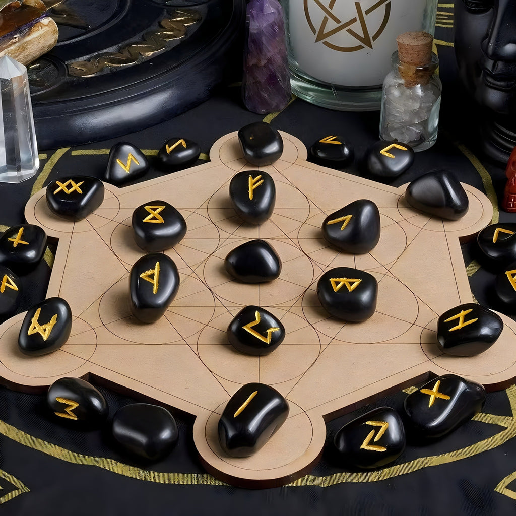 A Set of Crystal Agate Runes Featuring Viking Designs, with Intricately Carved Letters. This Collection Includes 25pcs of Futhark Rune Stones Made from Polished Gems