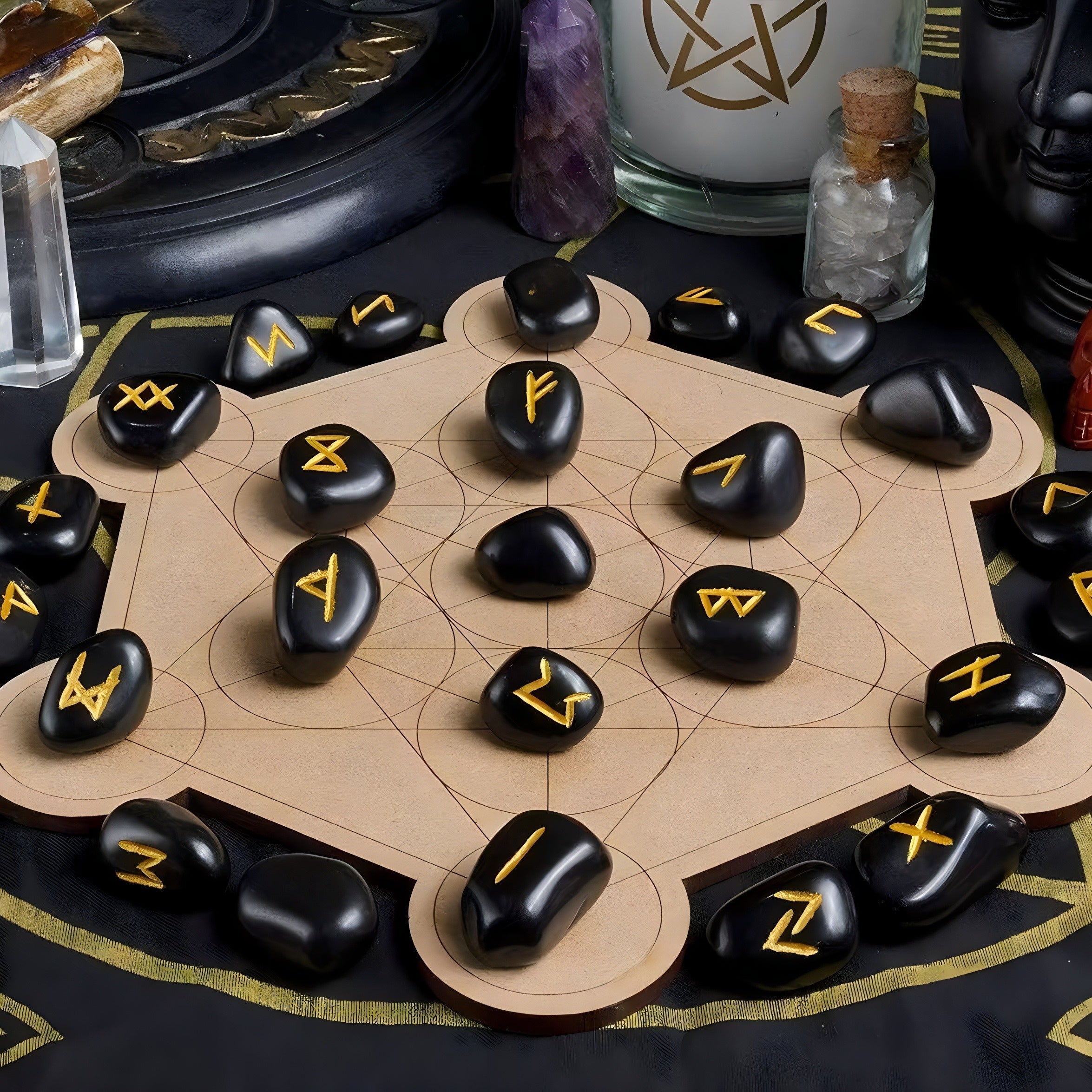 A Set of Crystal Agate Runes Featuring Viking Designs, with Intricately Carved Letters. This Collection Includes 25pcs of Futhark Rune Stones Made from Polished Gems
