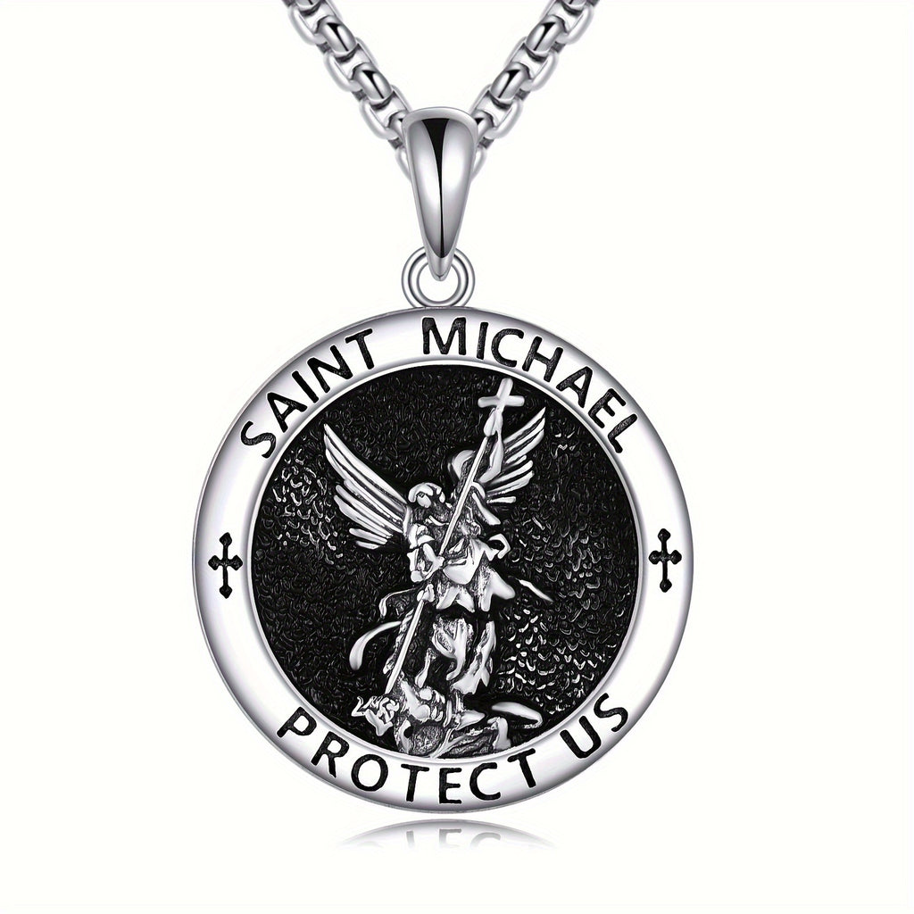 Pure Silvery St. Michael Necklace Amulet Protects Us Necklace Patron Angel Pendant Christian Jewelry Birthday Men's Gift