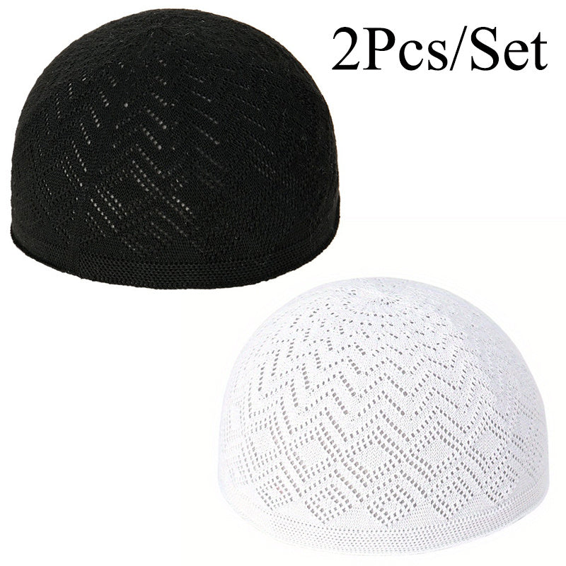 2pcs/Set Men'S Muslim Kufi Cap, Breathable Knitted Polyester Prayer Hat, Lightweight Middle Eastern Arab Traditional Headwear, Adjustable Toggle Closure, Machine Washable, Ramadan Celebration