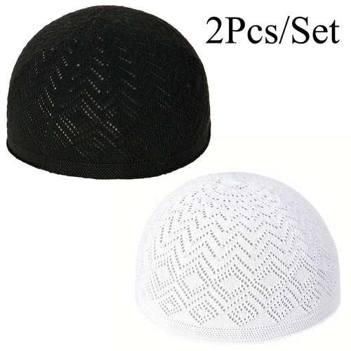 2pcs/Set Men'S Muslim Kufi Cap, Breathable Knitted Polyester Prayer Hat, Lightweight Middle Eastern Arab Traditional Headwear, Adjustable Toggle Closure, Machine Washable, Ramadan Celebration