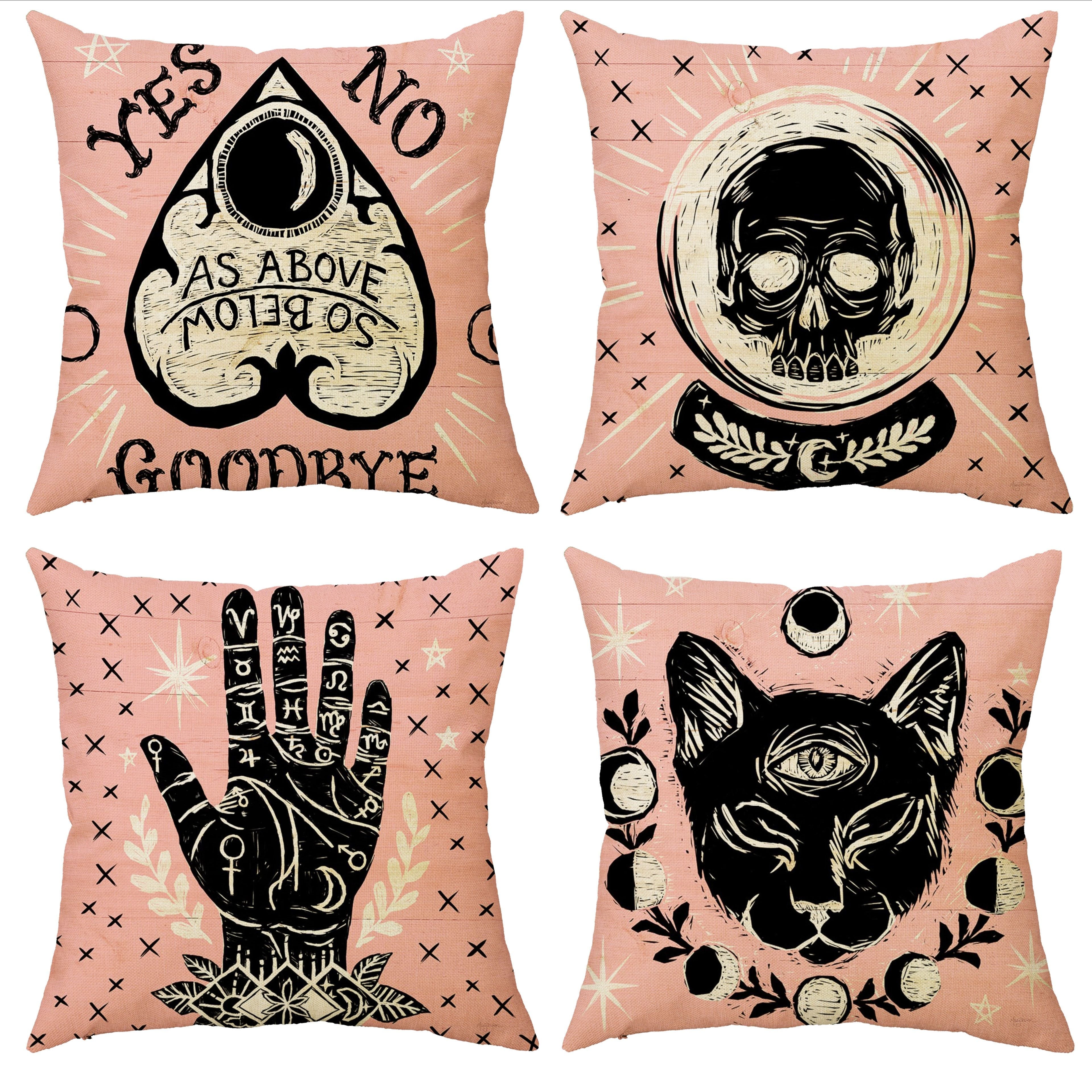Vintage Divination Throw Pillow Covers Set of 4 - Halloween Theme, Machine Washable Linen Blend Zippered Cushion Cases for Sofa, Bed and Living Room Decor, Skull, Cat, Moon, and Occult Designs