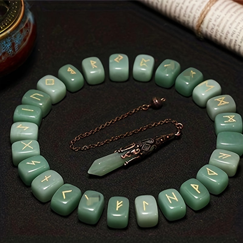 A Nordic Rune Set Featuring Crystal Rune Stones, Including 25 Rune Stones, a Pendant, And a Carved Wooden Board. Elegant And Exquisite