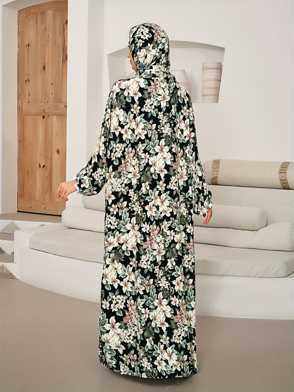 Ramadan Elegant Two-piece Set - Floral Print Maxi Length Kaftan Dress & Lace Trim Khimar Hijab - For Women - Suitable for Ramadan & Special Occasions - Perfect Gift for Muslim Women