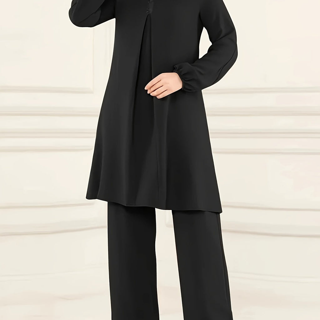 Ramadan Elegant Solid Muslim Two-piece Set, Long Sleeve Crew Neck Top & Straight Leg Pants Outfits, Women's Clothing