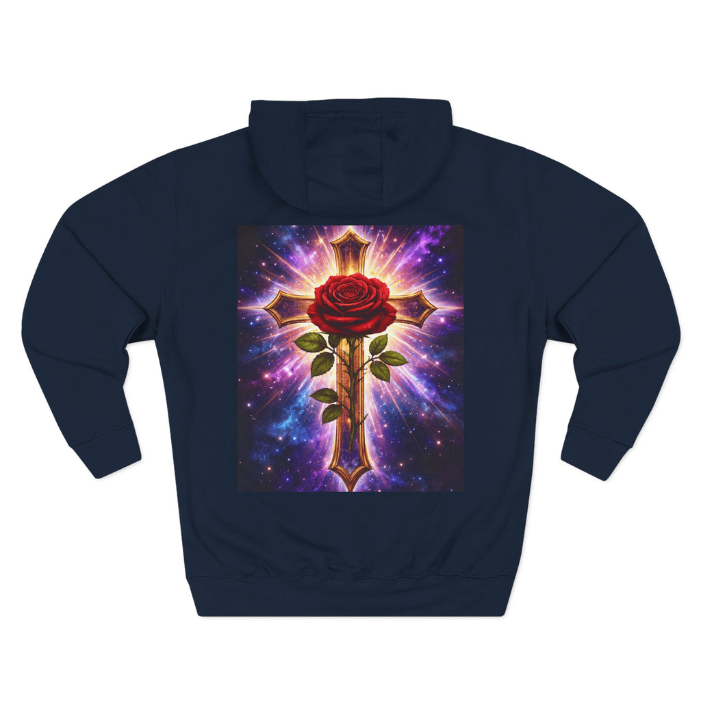 Cosmic Rose Cross Hoodie — Spiritual Rosicrucian Graphic Pullover
