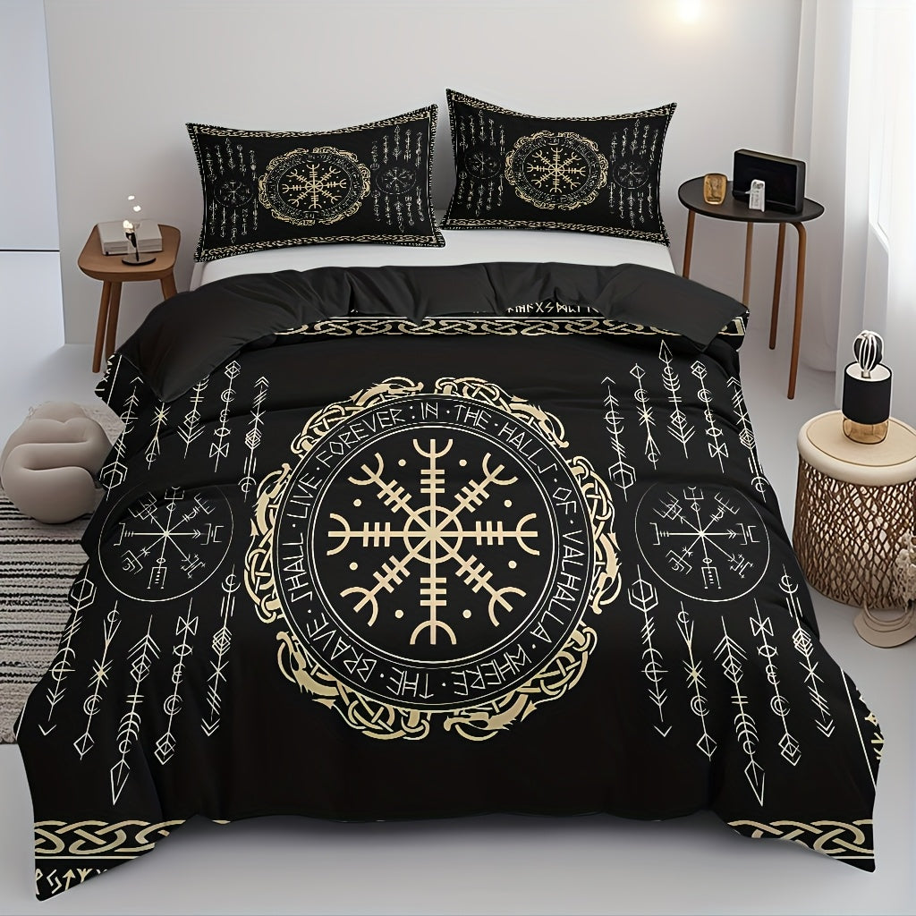 3pcs Comfortable Nordic Rune Theme Duvet Cover Set, Soft High-Definition Digital Print Perfect Gift, Soft Breathable 100% Polyester, All-Season, Family And Friends Gift, Machine Washable (1 Duvet Cover + 2 Pillowcases, No Fil