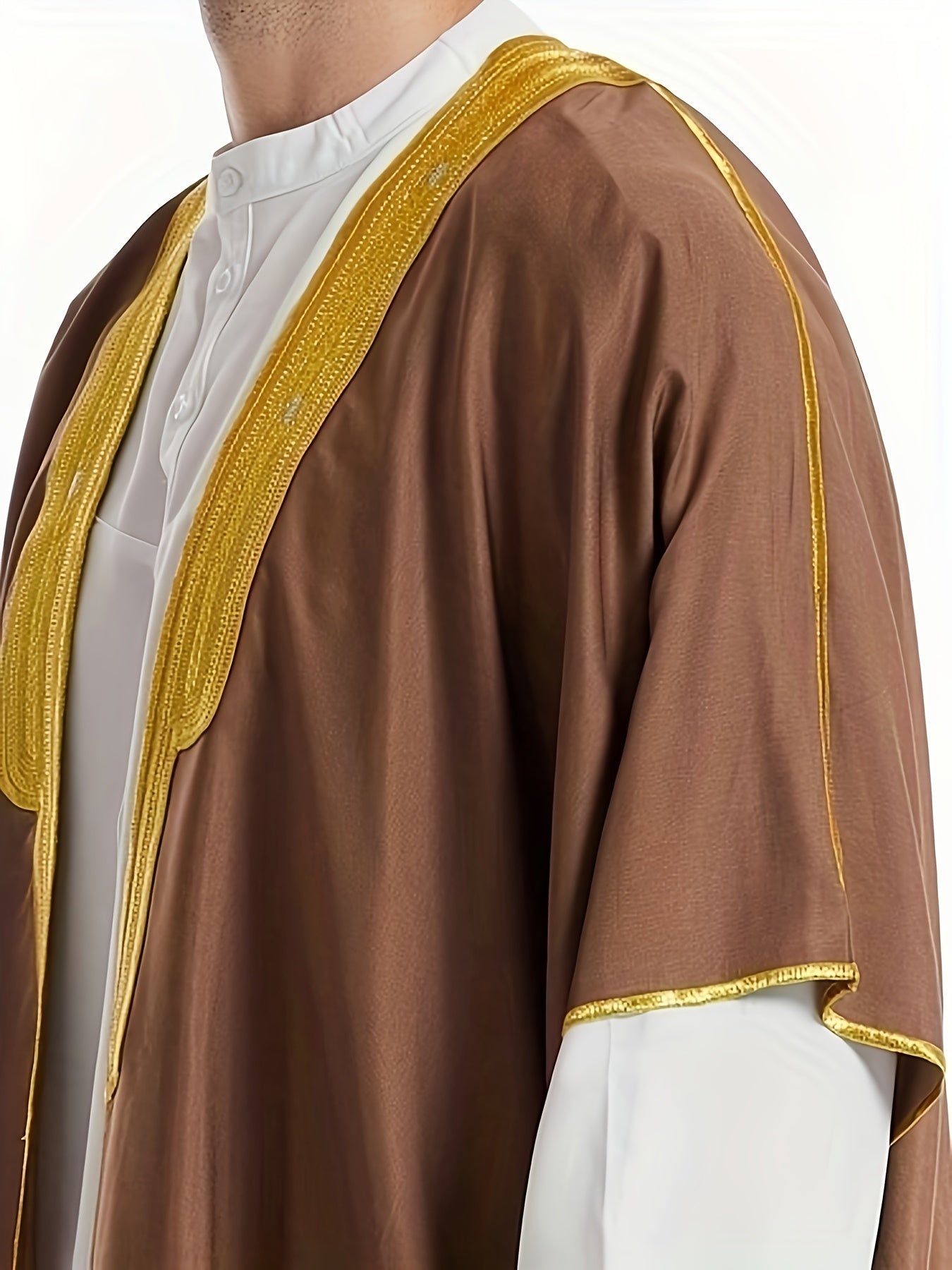Men's Muslim Ethnic Style Golden Stripe Pattern Long Sleeve Scholar Robe With Open Placket, Suitable For Height Between 168 To 72.83 Inch, Chic And Stylish For Formal Occasions
