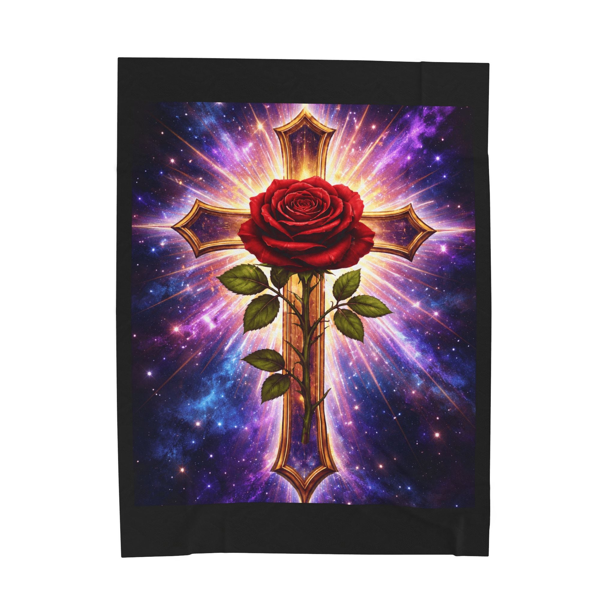 Velveteen Plush Blanket — Cosmic Rose & Cross Rosicrucian Spiritual Throw (Sacred Christian Decor)