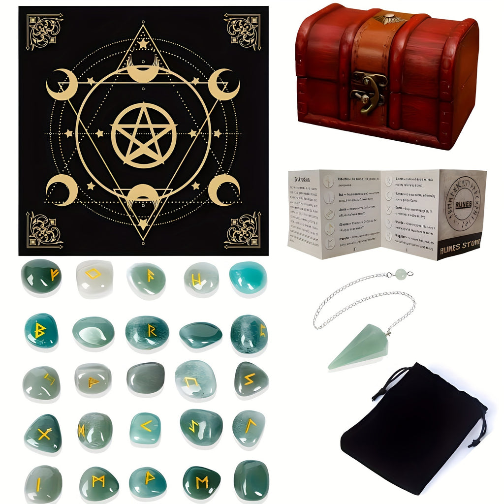 A Nordic Rune Set Featuring Crystal Rune Stones, Including 25 Rune Stones, a Pendant, And a Carved Wooden Board. Elegant And Exquisite