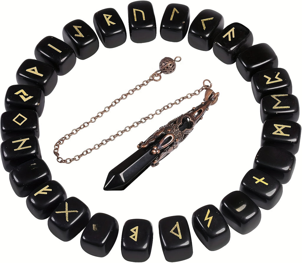 A Nordic Rune Set Featuring Crystal Rune Stones, Including 25 Rune Stones, a Pendant, And a Carved Wooden Board. Elegant And Exquisite