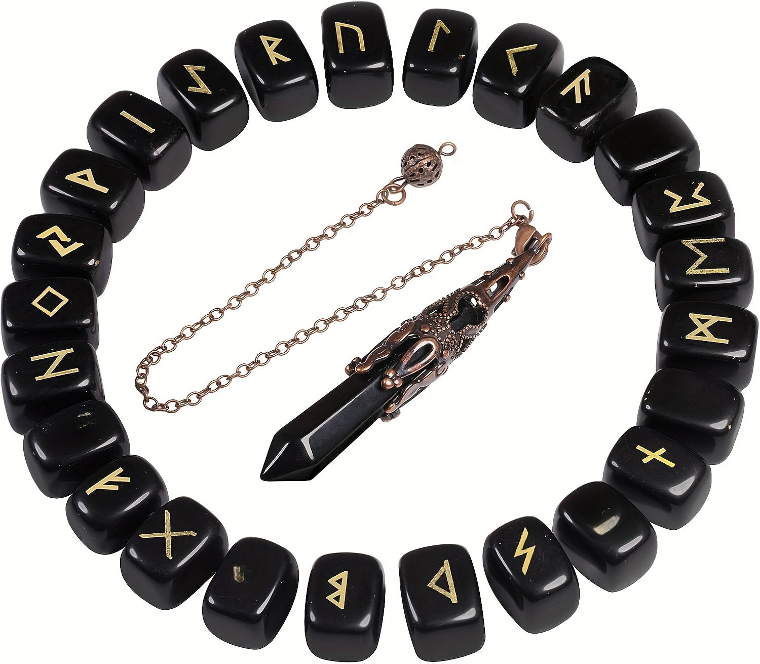 A Nordic Rune Set Featuring Crystal Rune Stones, Including 25 Rune Stones, a Pendant, And a Carved Wooden Board. Elegant And Exquisite