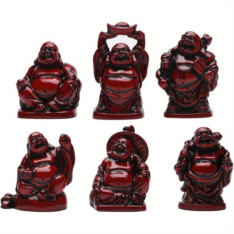 Feng Shui 2in Red Resin Laughing Buddha Statue Figurines Set of 6 BS001