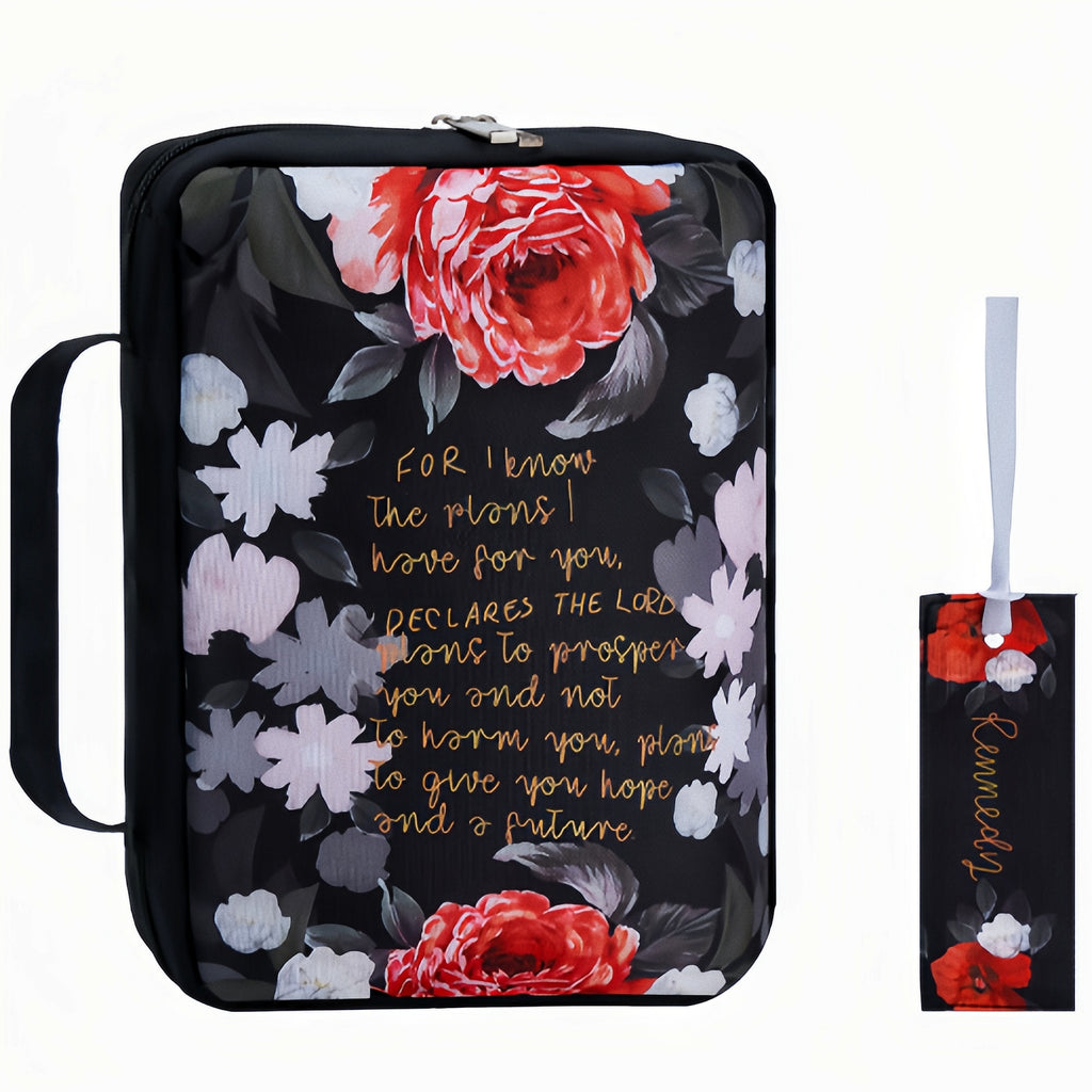 Floral Polyester Bible Cover with Handle, Carrying Organizer Bag, Christian Study Bible Case with Pockets and Bookmark - Protective Scripture Tote for Girls and Women