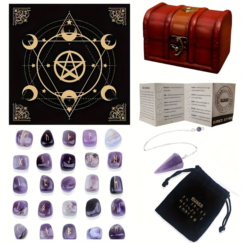 A Set of Crystal Agate Runes Featuring Viking Designs, with Intricately Carved Letters. This Collection Includes 25pcs of Futhark Rune Stones Made from Polished Gems