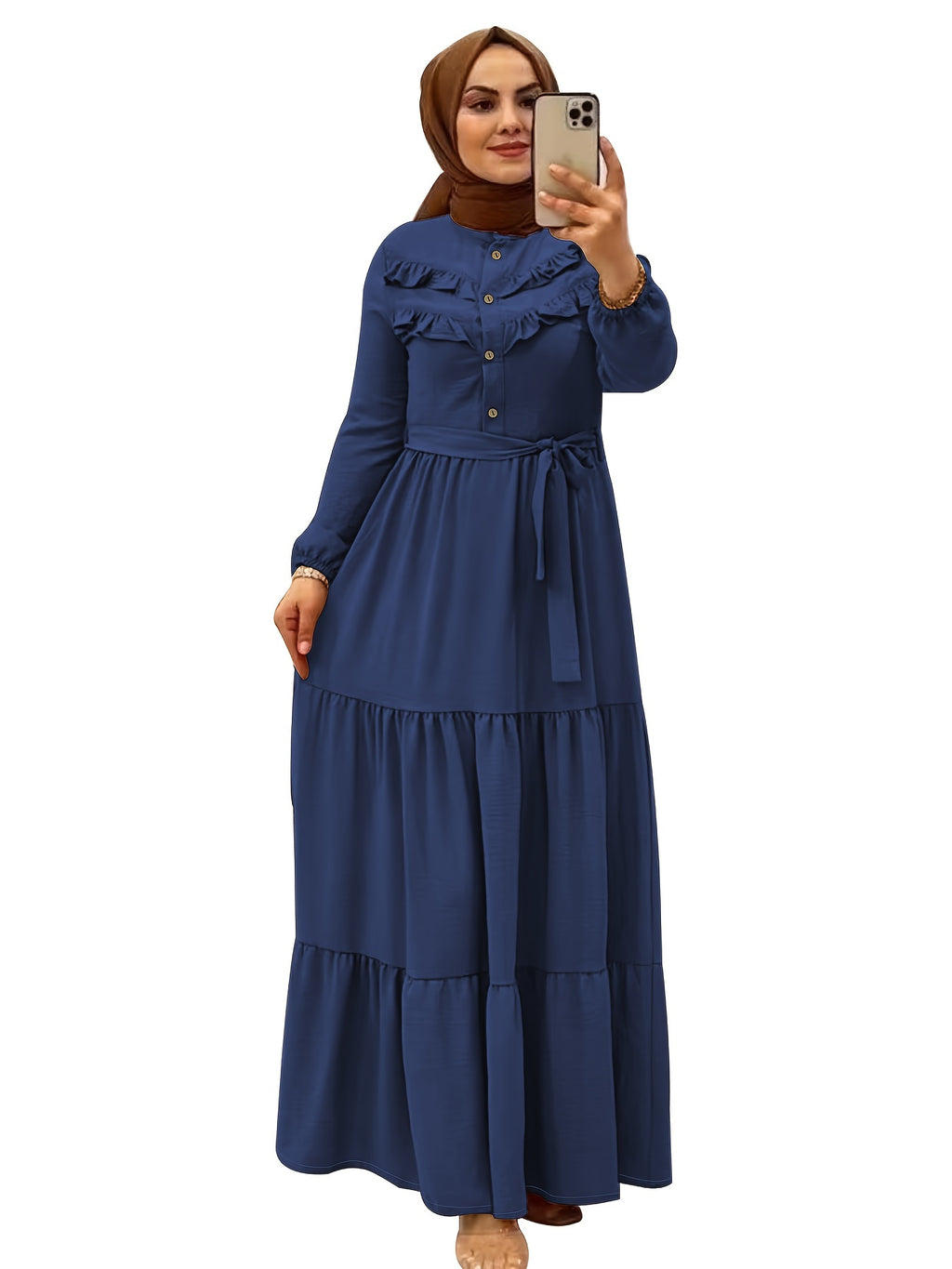 Elegant Light Green Maxi Dress for Muslim Women - Casual Solid Color with Ruffle Hem & Button Detail, Polyester Blend, Machine Washable - Hijab Not Included