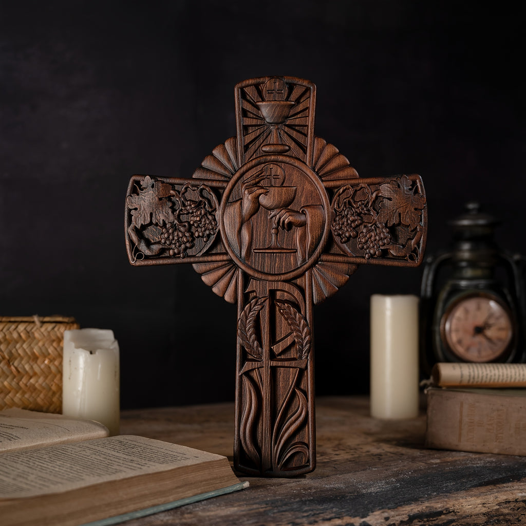 1pc Holy Grail Solid Wooden Cross, Home Prayer Church Decoration, Handmade Wooden Christian Gifts, Home Room Decoration, Wall Decor, Suitable for Christmas Gift